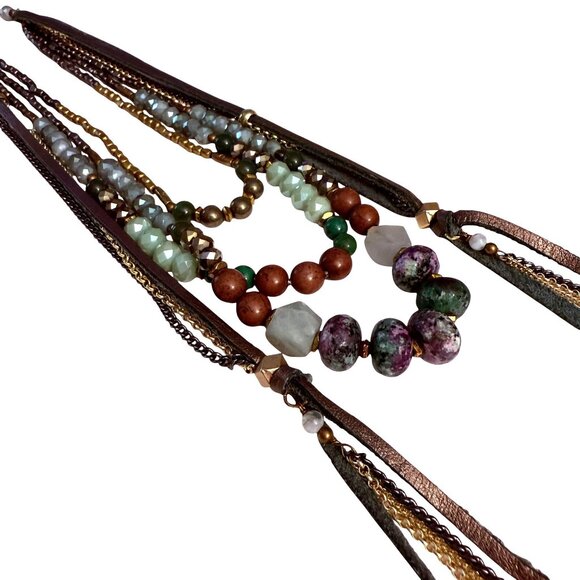 Nakamol Multilayered Beaded Necklace Semi-Precious Stones Gold Accents Tassels - Picture 5 of 9